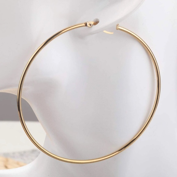 Gold Tone Large Hoop Earrings Zinc Alloy Round - Picture 2 of 7